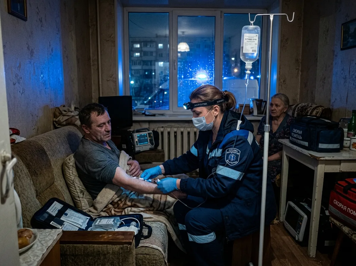 Врач-нарколог в медицинской форме прибывает к пациенту домой в Волгограде, ночная сцена, синий свет, профессиональная медицинская обстановка